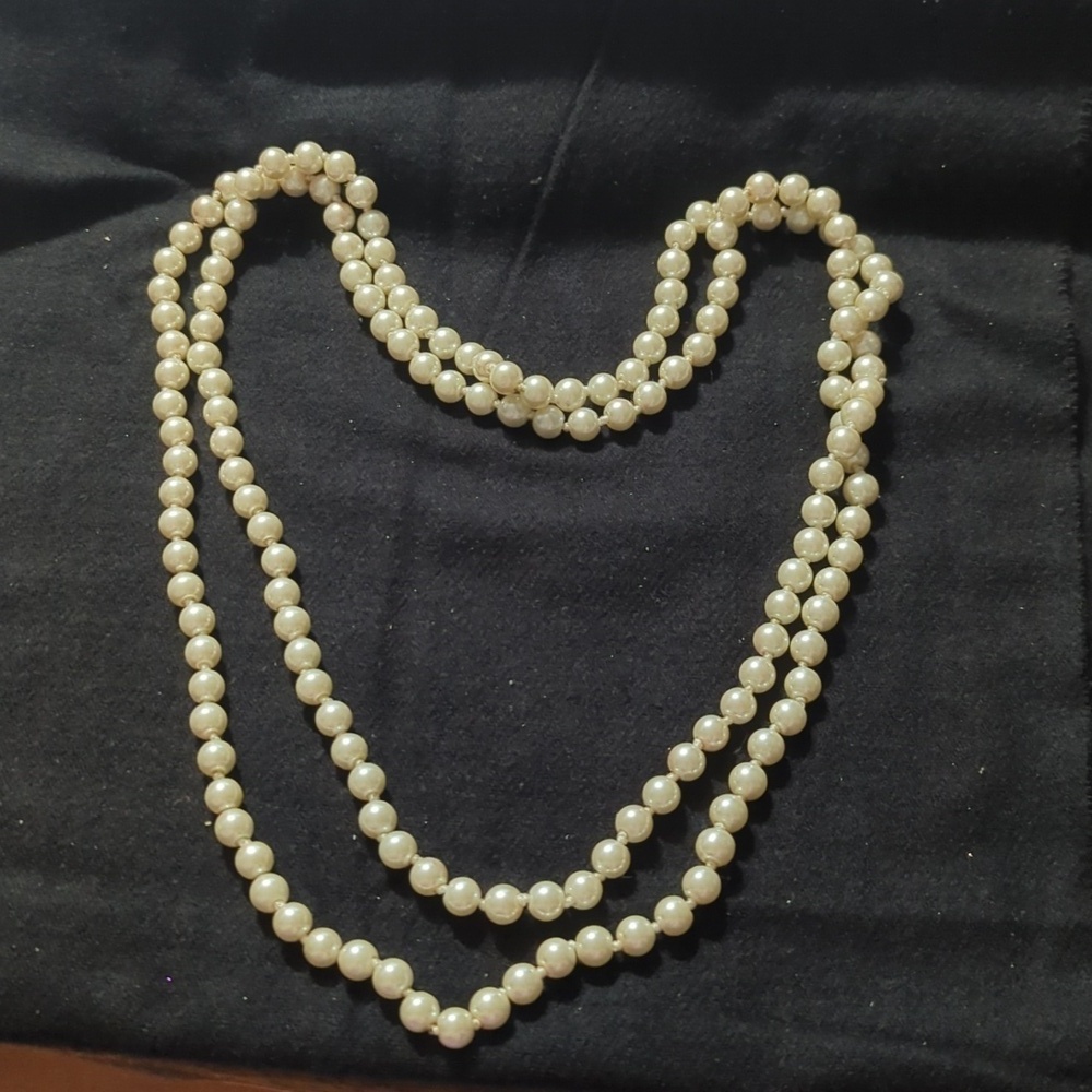 White Glass Faux Pearl Long Strand Beaded Statement Necklace